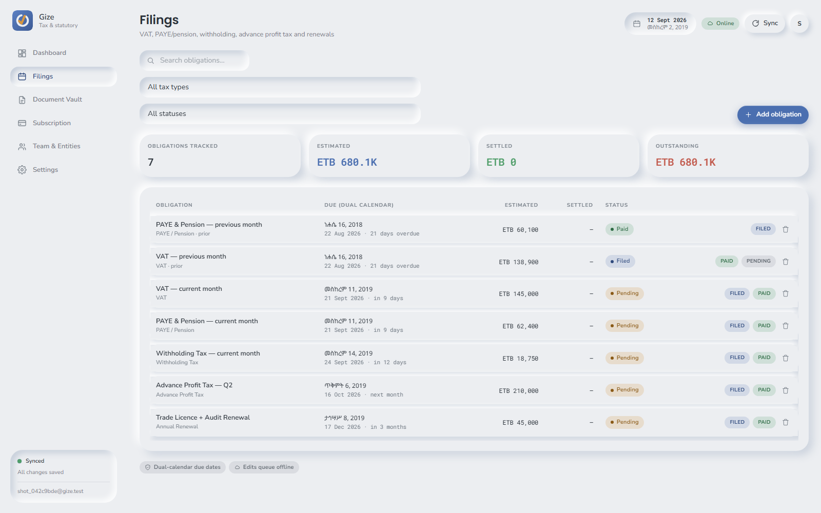 The Gize filings table listing VAT, PAYE and withholding obligations with due dates in both the Gregorian and Ethiopian calendars, estimated and settled amounts, and filing status.