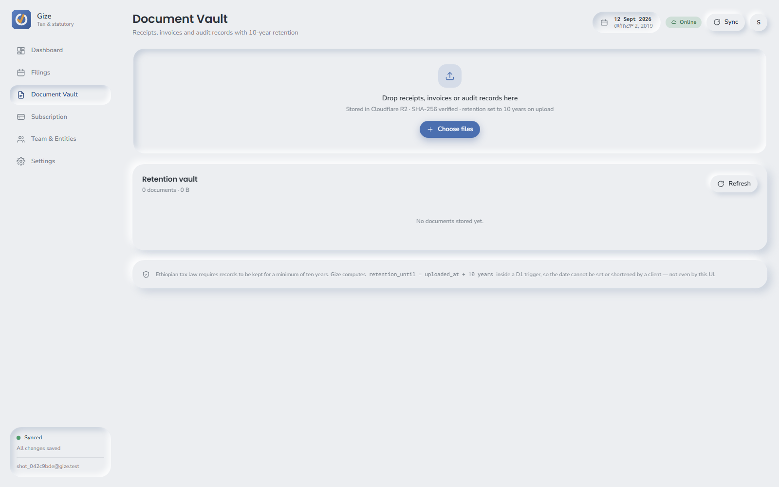 The Gize document vault listing stored receipts with file size, upload date, SHA-256 fingerprint and remaining retention period.